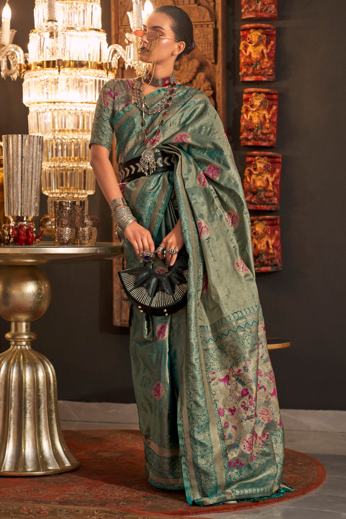 Teal Blue Zari Woven Handloom Banarasi Silk Saree
