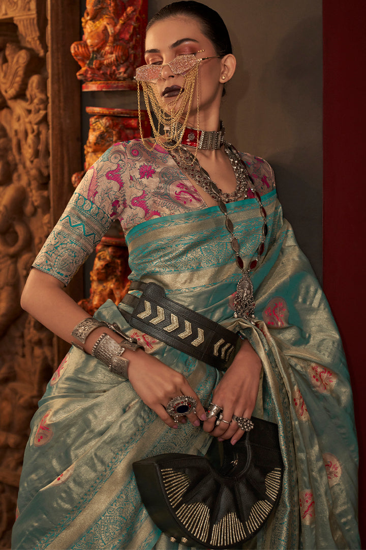 Teal Blue Zari Woven Handloom Banarasi Silk Saree