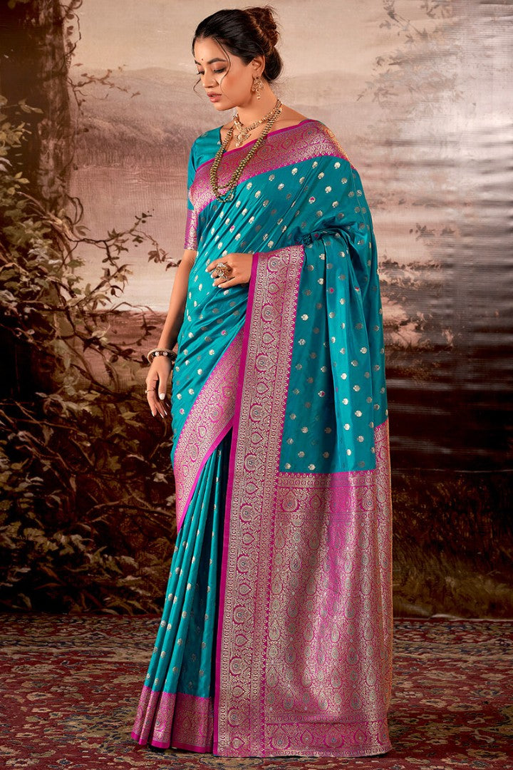 Teal Blue Zari Woven Soft Banarasi Silk Saree