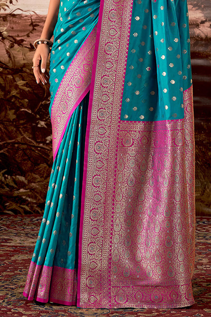 Teal Blue Zari Woven Soft Banarasi Silk Saree