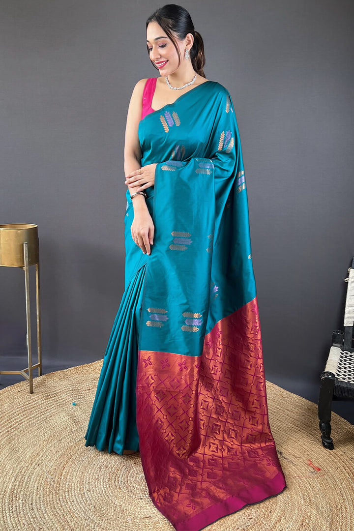 Teal Blue Zari Woven Soft Silk Saree