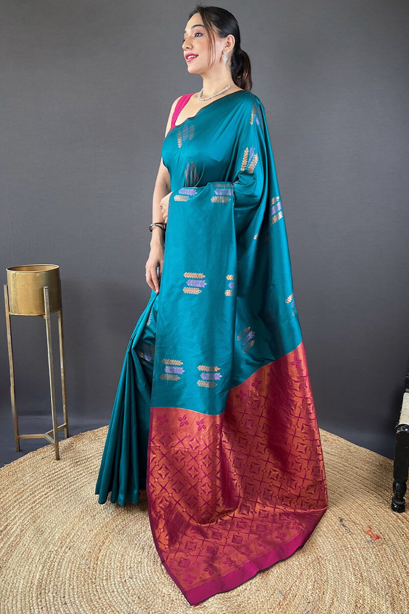 Teal Blue Zari Woven Soft Silk Saree