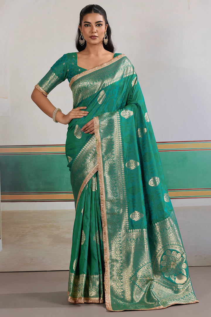 Teal Green Banarasi Silk Saree with Fancy Lace Border