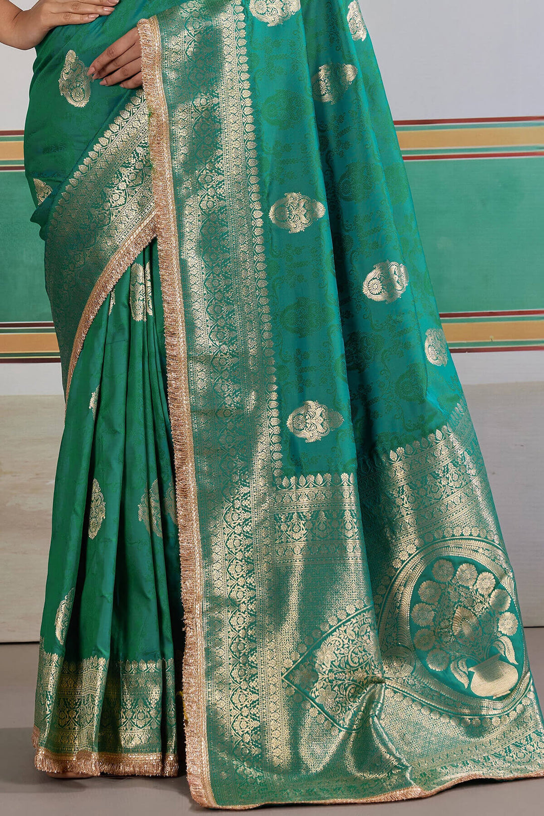 Teal Green Banarasi Silk Saree with Fancy Lace Border