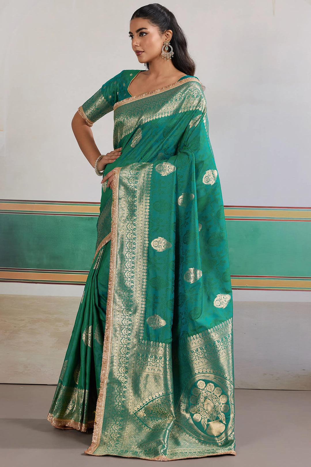Teal Green Banarasi Silk Saree with Fancy Lace Border