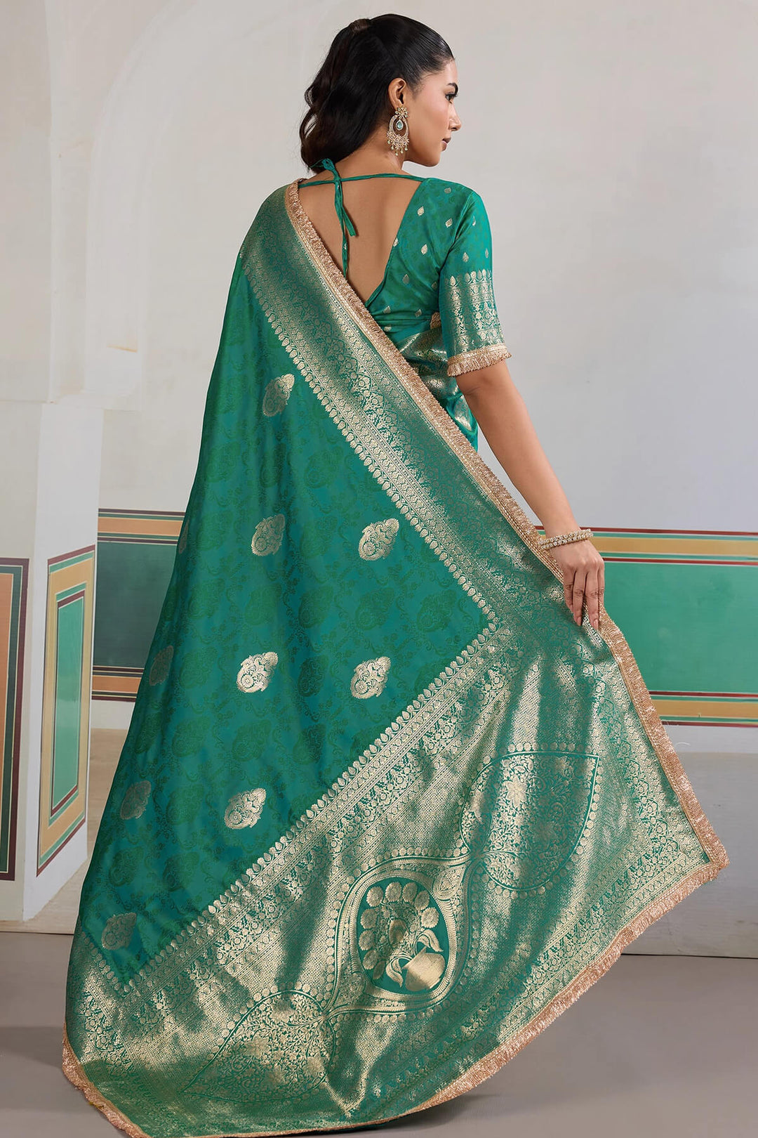 Teal Green Banarasi Silk Saree with Fancy Lace Border
