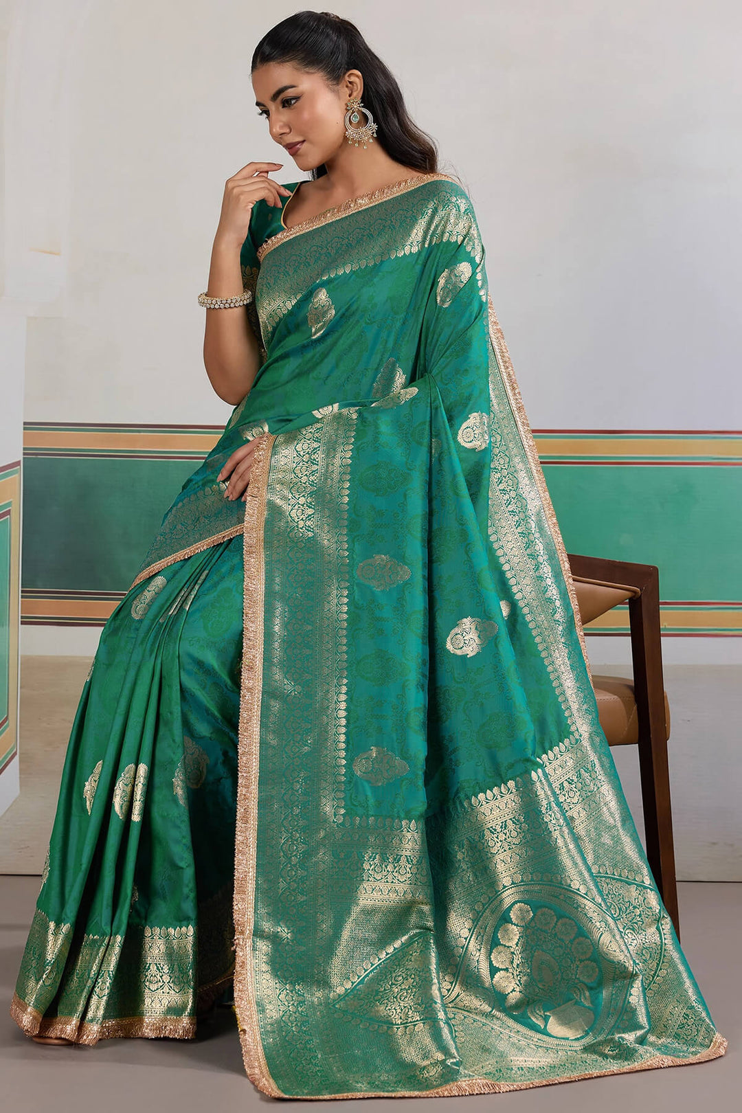 Teal Green Banarasi Silk Saree with Fancy Lace Border