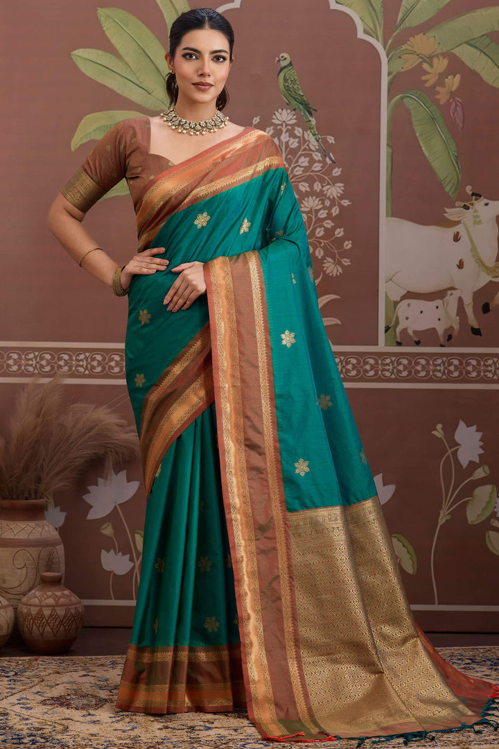Teal Green Banarasi Tussar Silk Saree