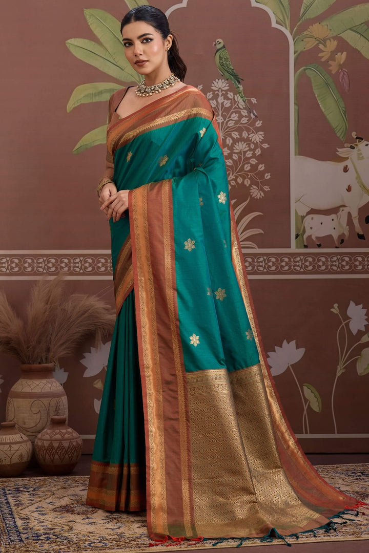 Teal Green Banarasi Tussar Silk Saree