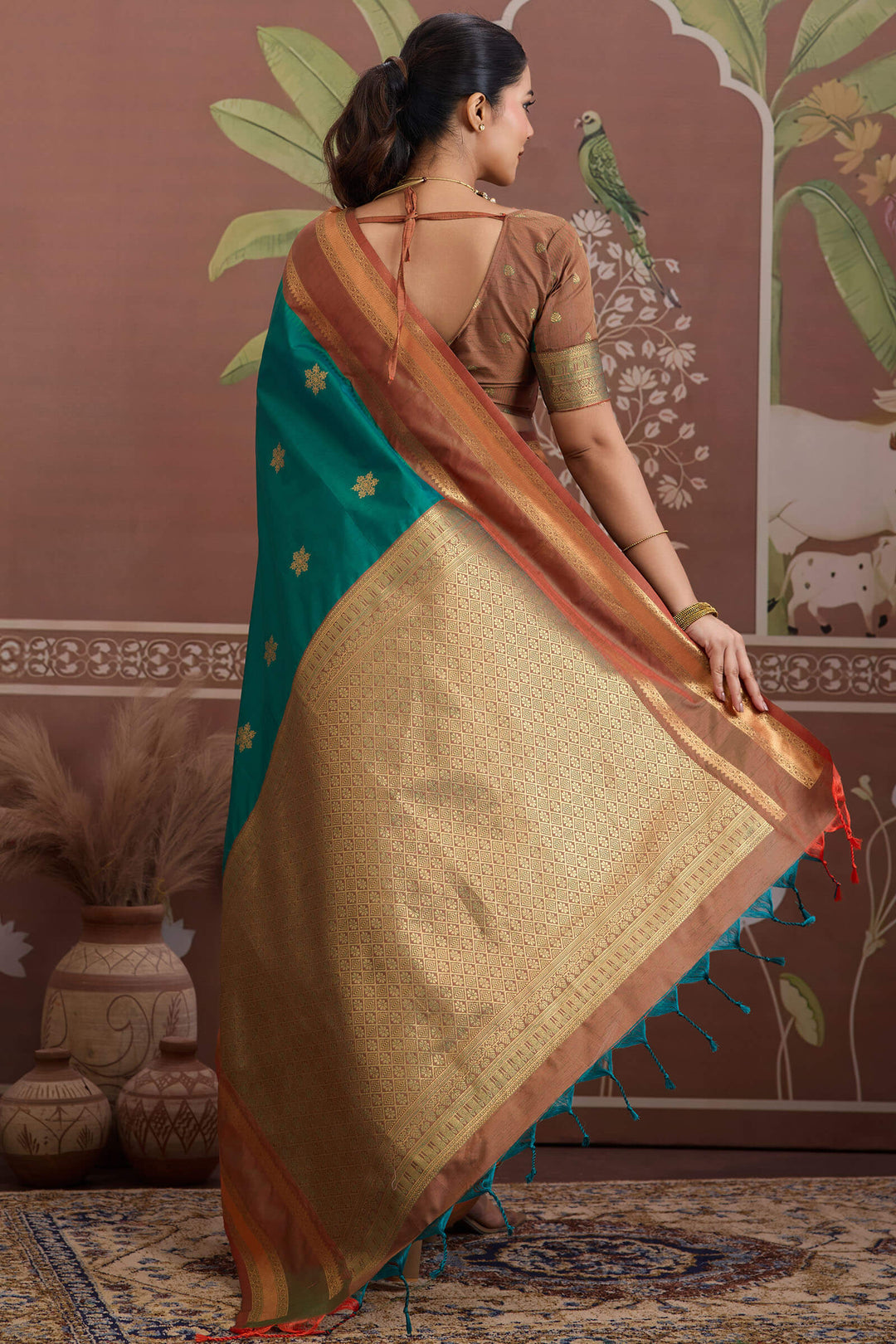 Teal Green Banarasi Tussar Silk Saree