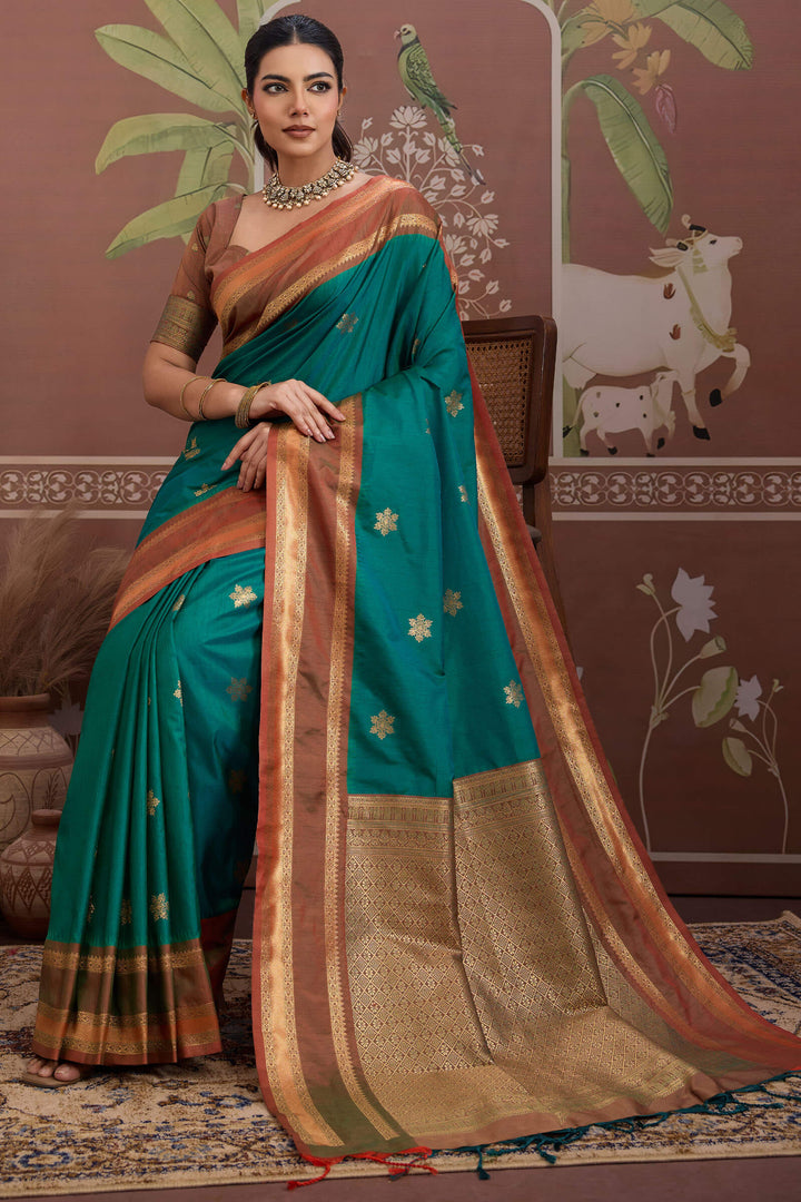 Teal Green Banarasi Tussar Silk Saree