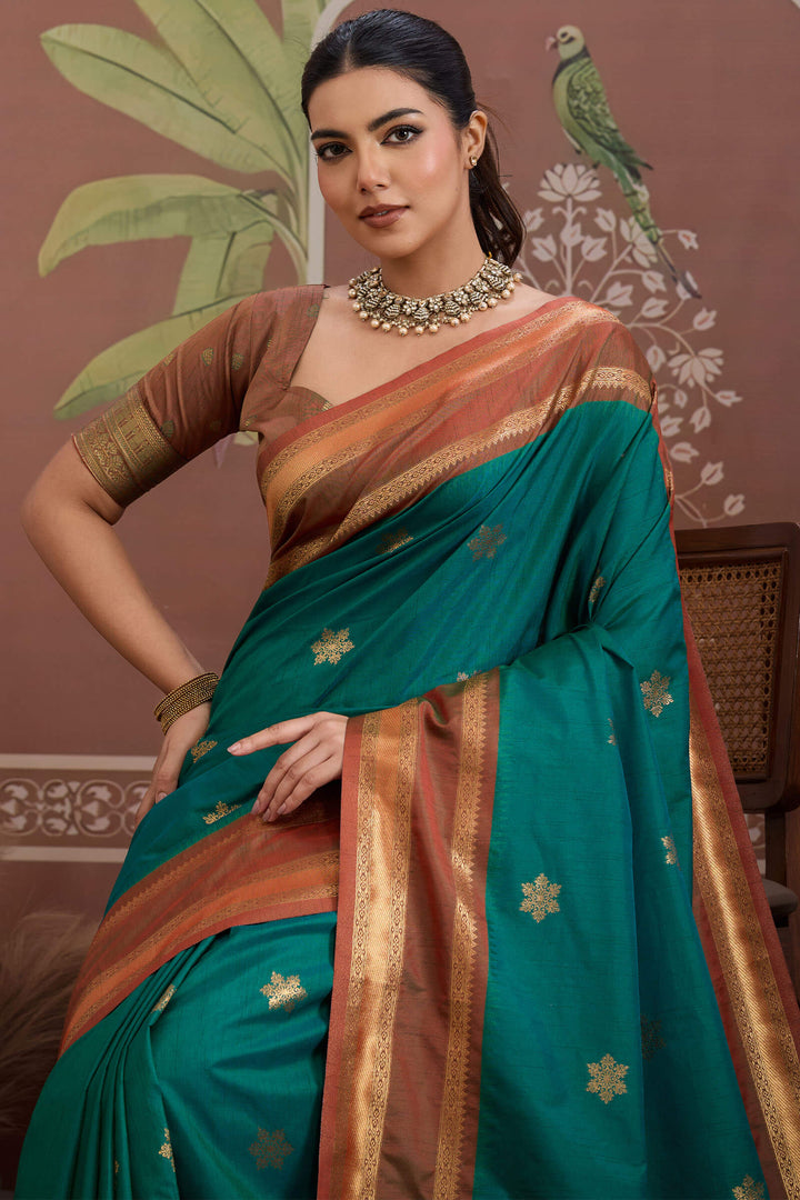 Teal Green Banarasi Tussar Silk Saree