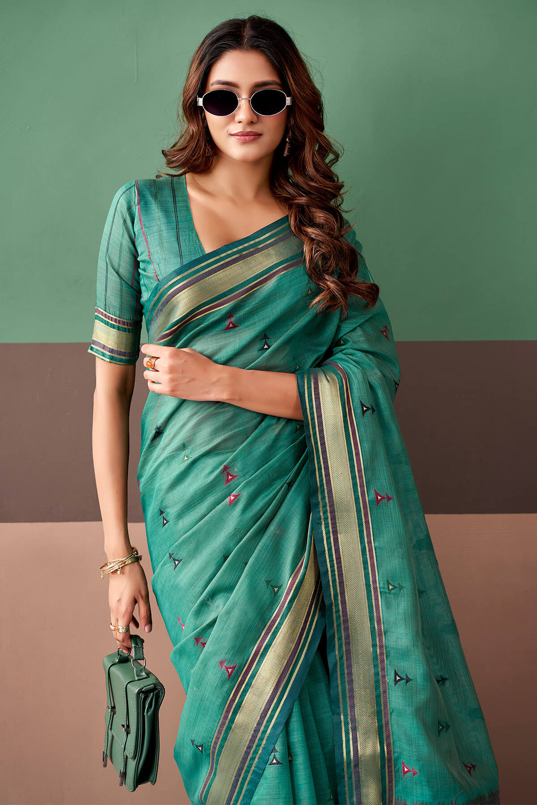 Teal Green Cotton Silk Saree