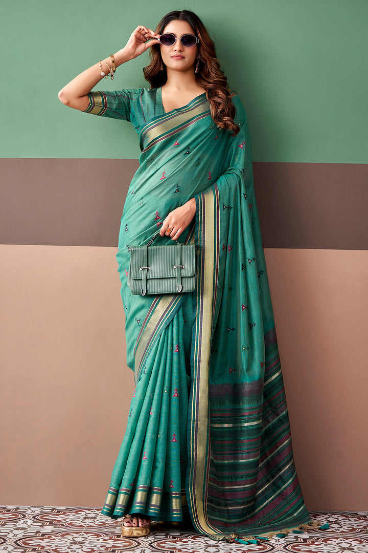 Teal Green Cotton Silk Saree