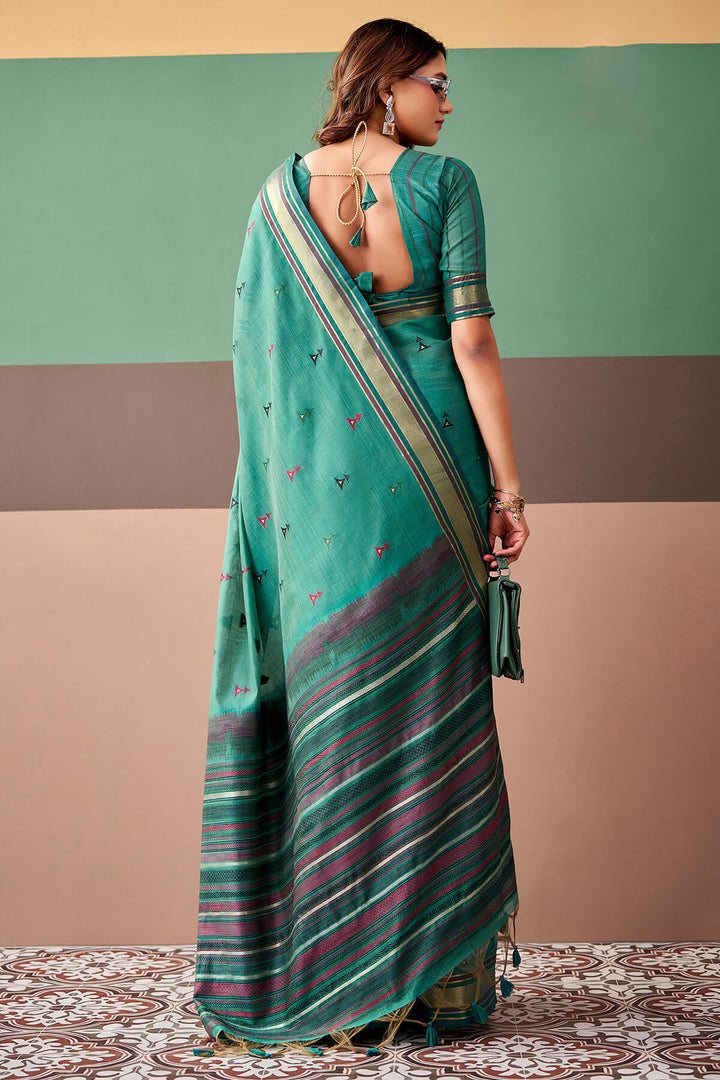 Teal Green Cotton Silk Saree