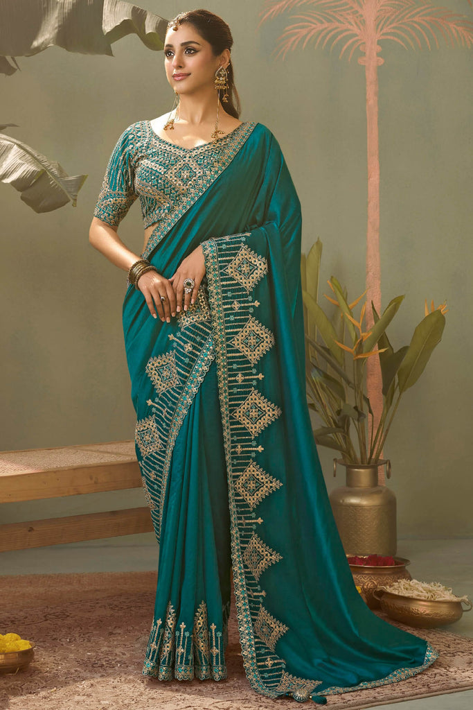 Teal Green Gota Patti Embroidery Work Saree With Designer Blouse Piece