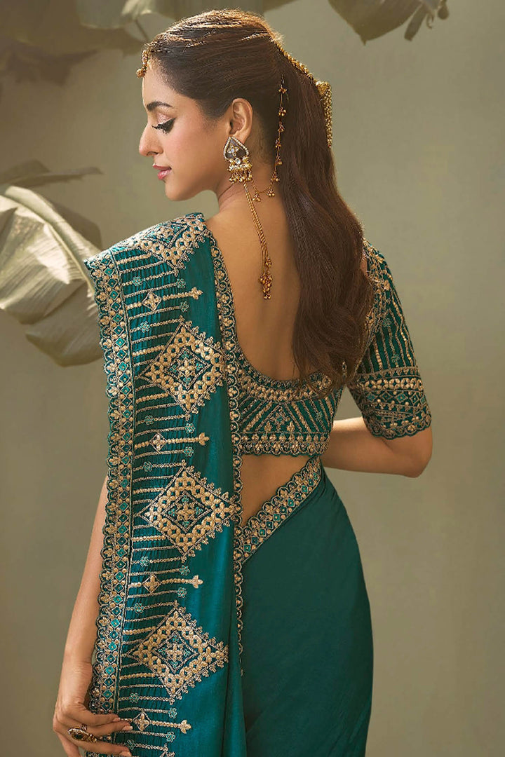 Teal Green Gota Patti Embroidery Work Saree With Designer Blouse Piece