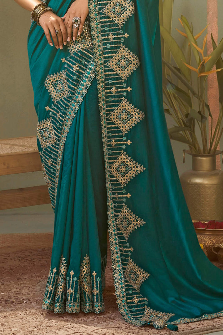 Teal Green Gota Patti Embroidery Work Saree With Designer Blouse Piece