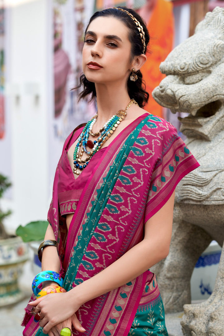 Teal Green Soft Ikkat Silk Saree