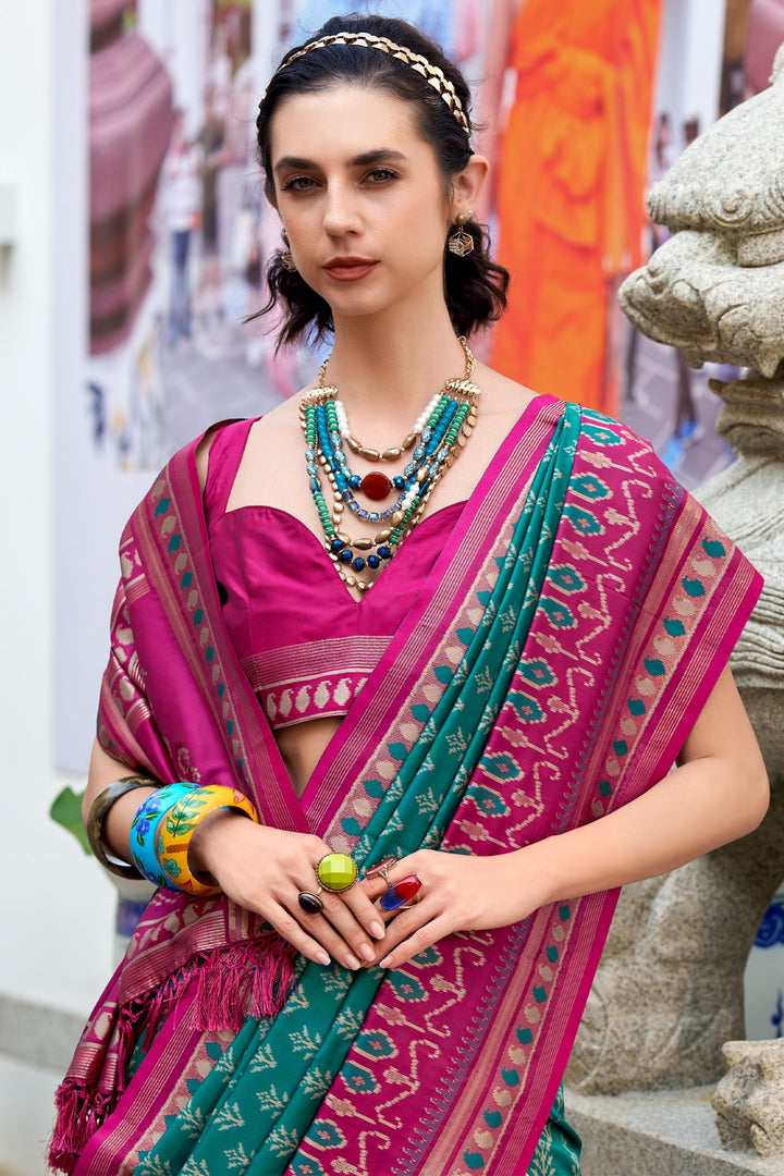 Teal Green Soft Ikkat Silk Saree