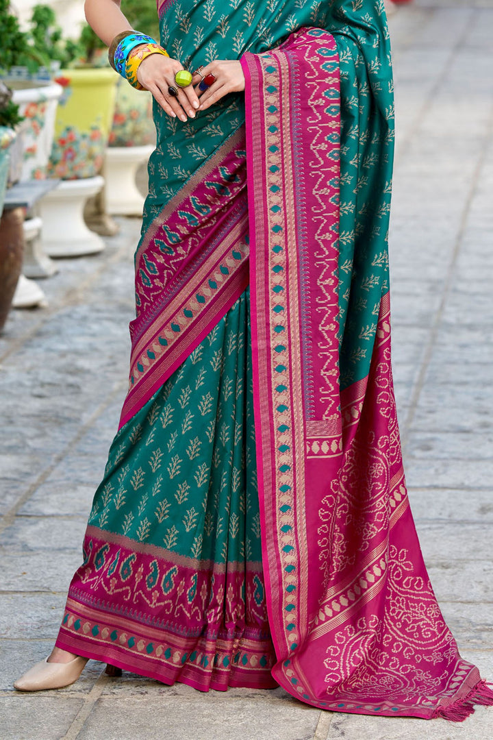 Teal Green Soft Ikkat Silk Saree