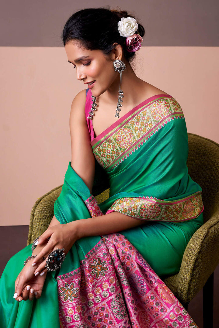 Teal Green Soft Patola Silk Saree