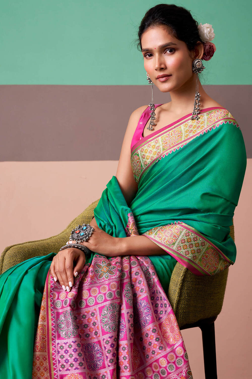 Teal Green Soft Patola Silk Saree