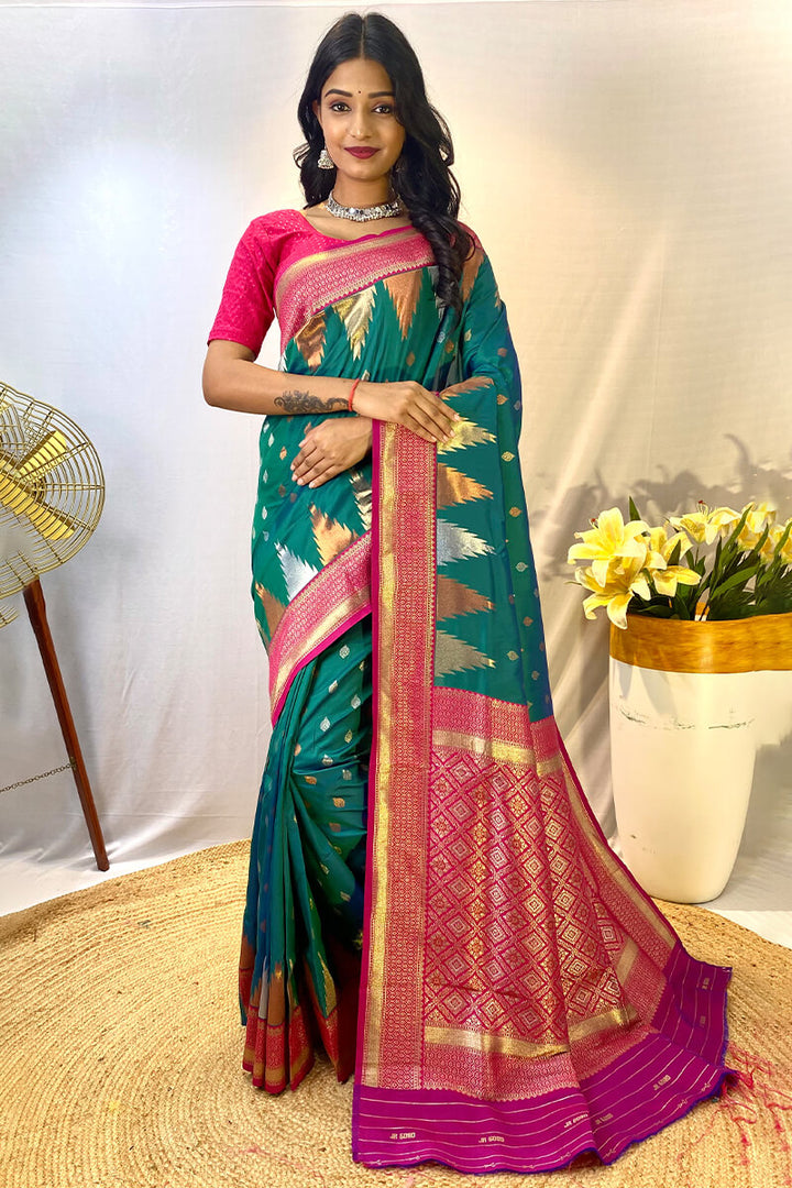 Teal Green Zari Woven Banarasi Silk Saree