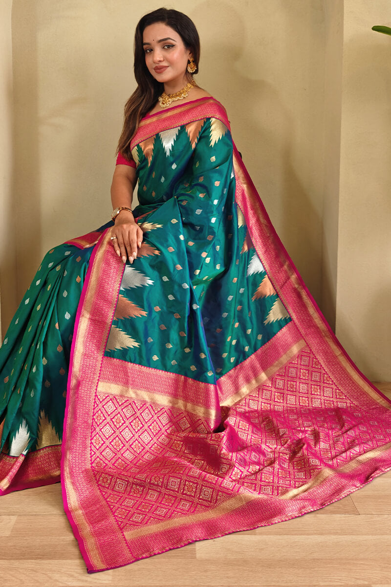 Teal Green Zari Woven Banarasi Silk Saree