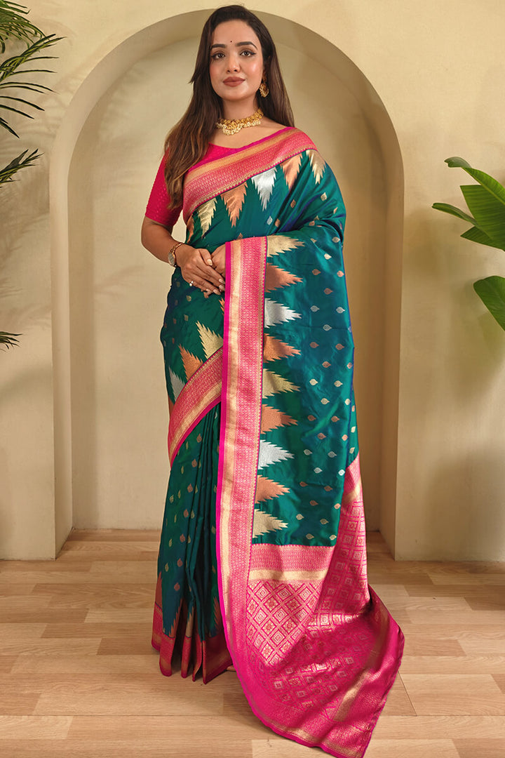 Teal Green Zari Woven Banarasi Silk Saree