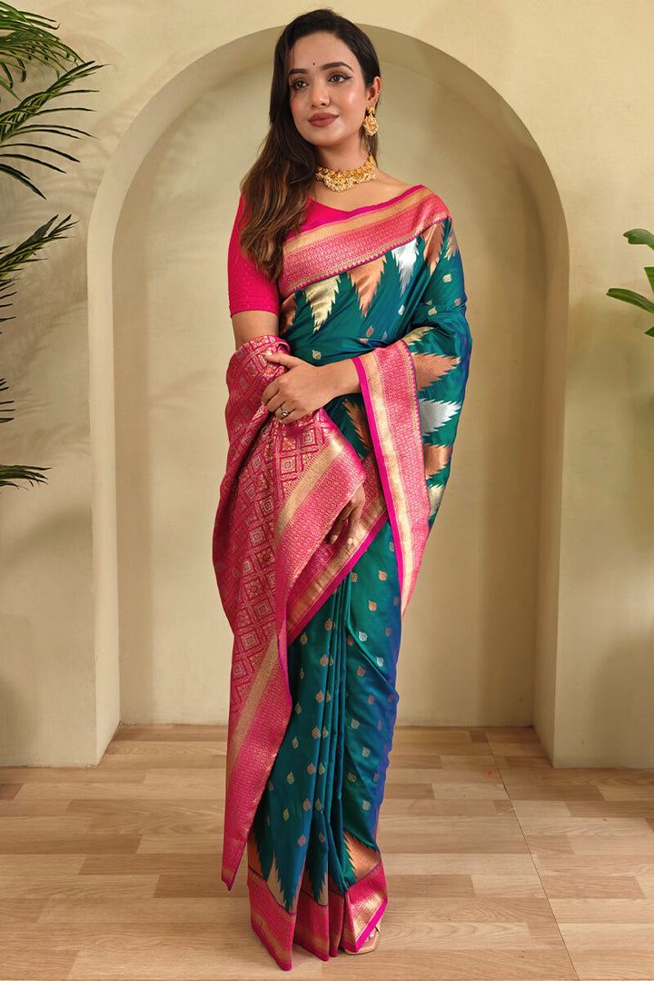Teal Green Zari Woven Banarasi Silk Saree