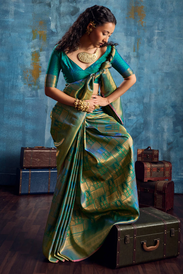 Teal Green Zari Woven Kanjivaram Silk Saree