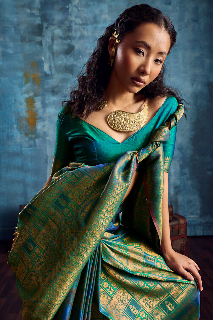 Teal Green Zari Woven Kanjivaram Silk Saree