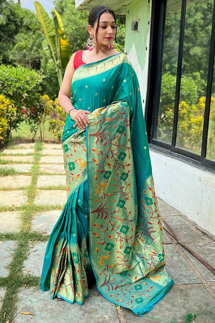 Teal Green Zari Woven Paithani Silk Saree