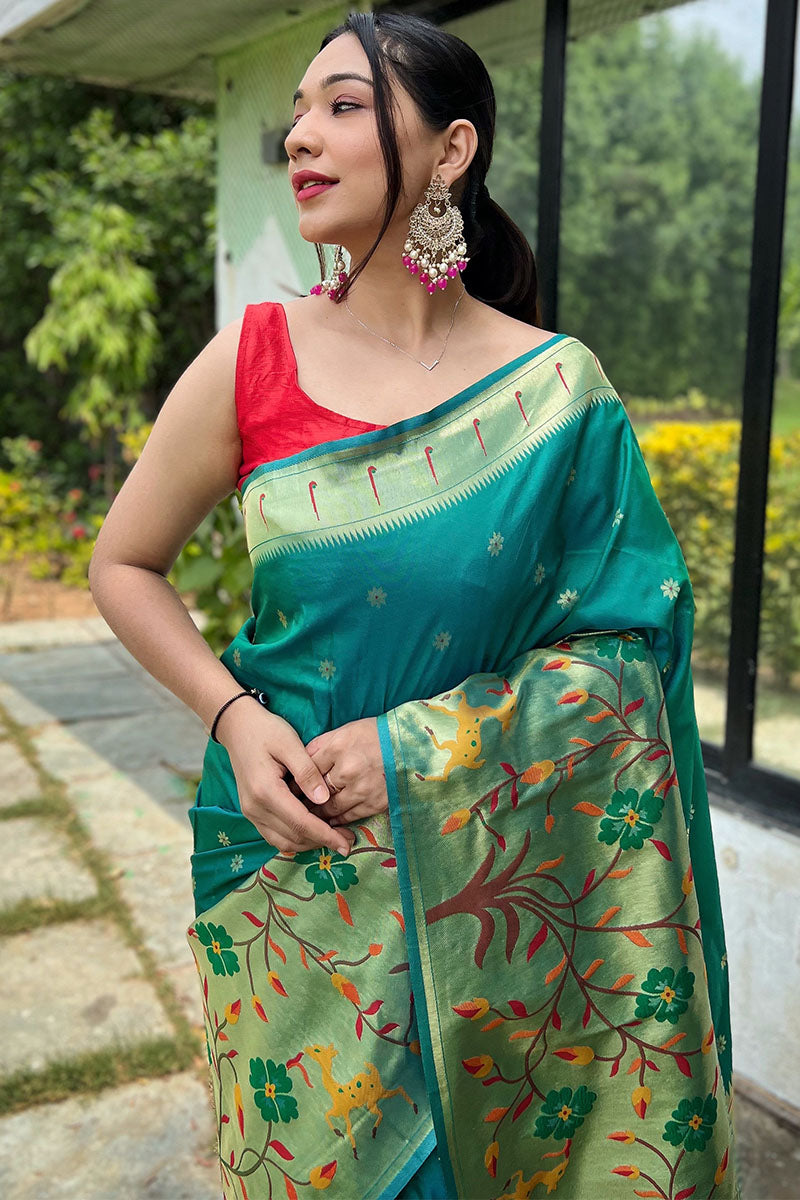 Teal Green Zari Woven Paithani Silk Saree