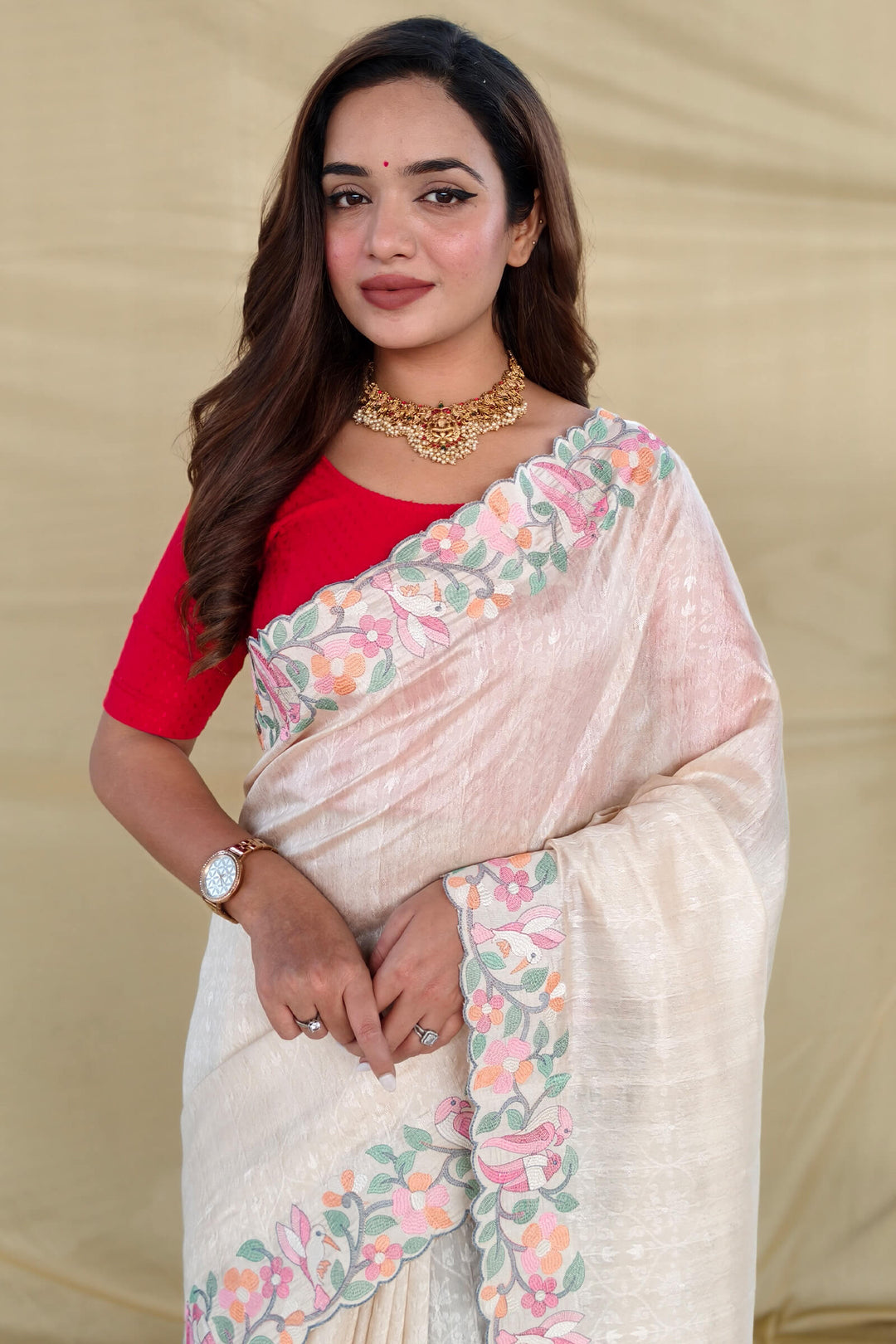 Tequila Beige Embroiedery Work Tussar Silk Saree