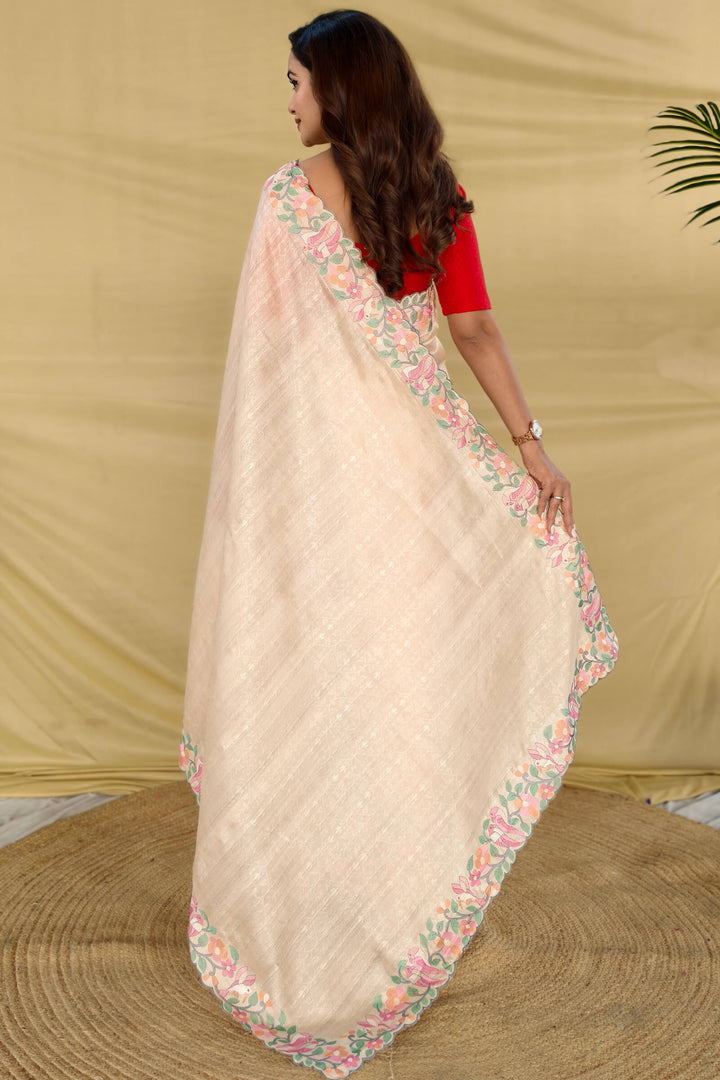 Tequila Beige Embroiedery Work Tussar Silk Saree