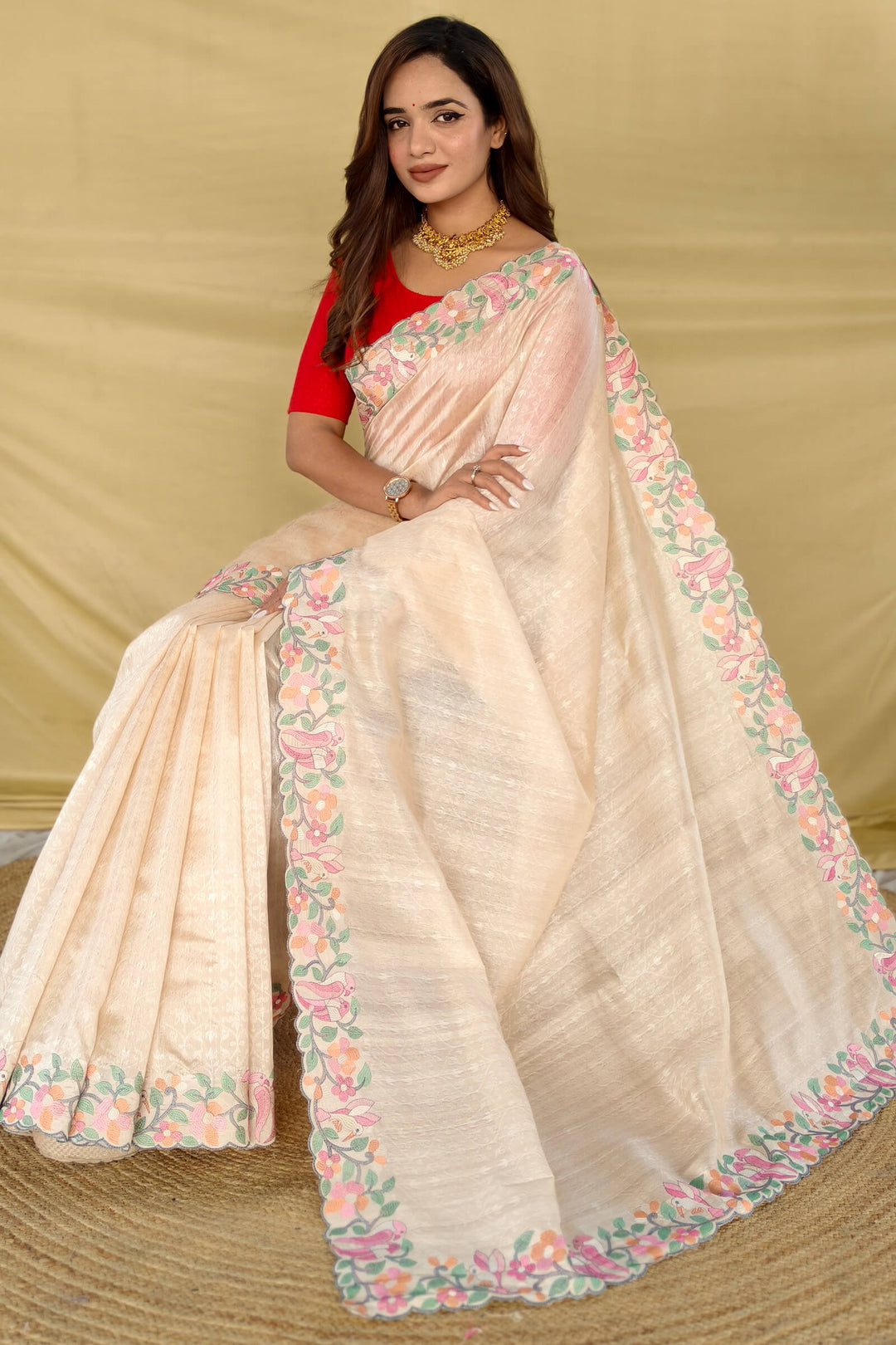 Tequila Beige Embroiedery Work Tussar Silk Saree