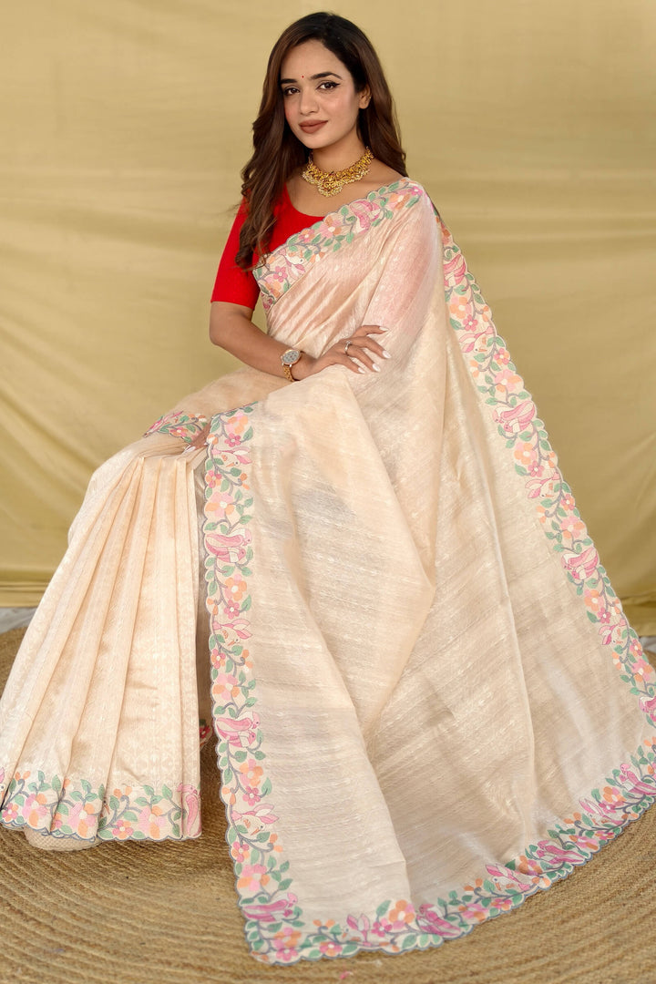 Tequila Beige Embroiedery Work Tussar Silk Saree