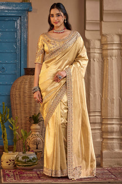 Tequila Beige Hand Work Viscose Saree with Stiched Blouse