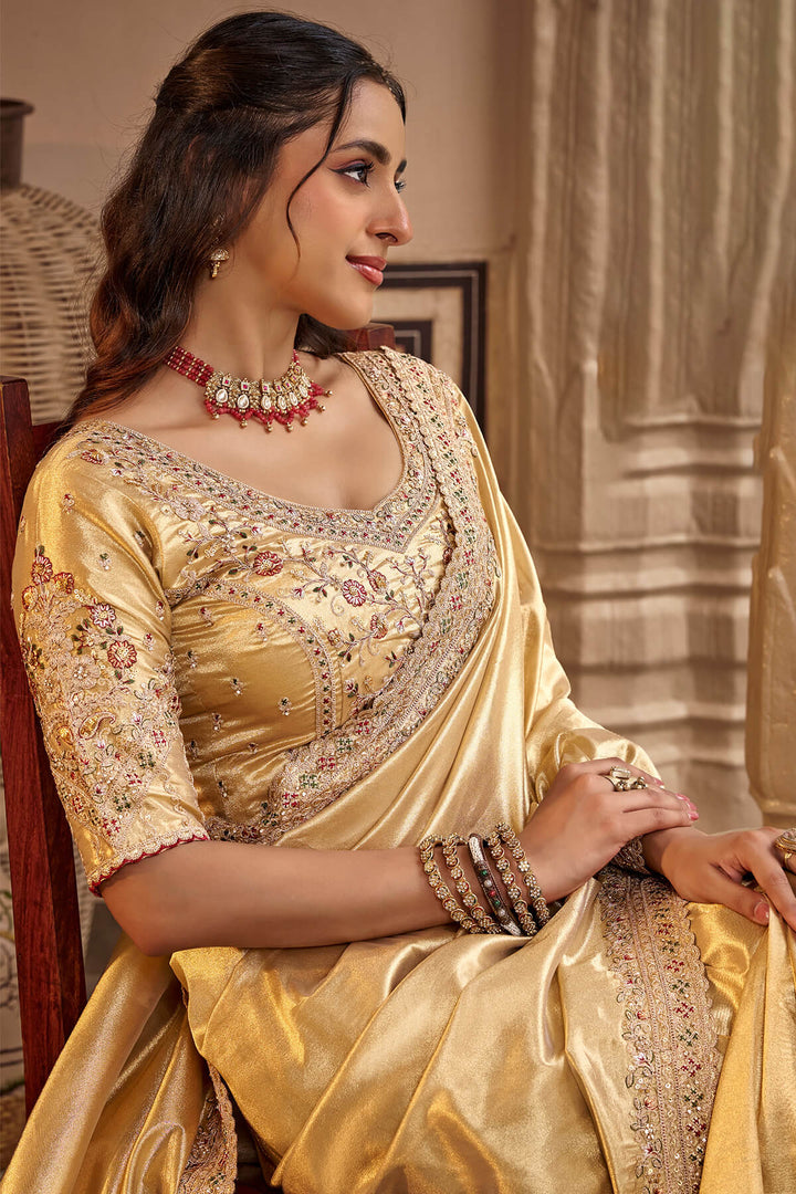 Tequila Beige Hand Work Viscose Saree with Stiched Blouse