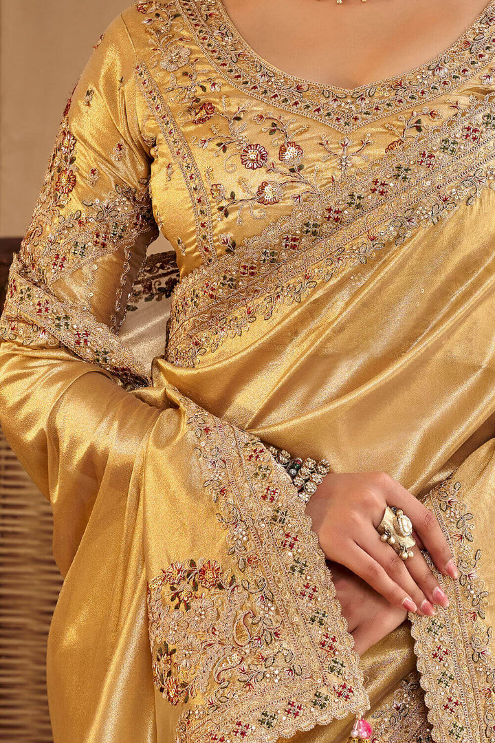 Tequila Beige Hand Work Viscose Saree with Stiched Blouse