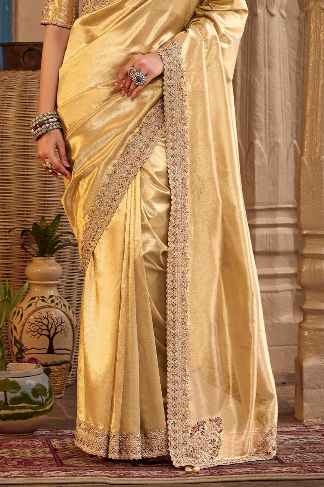 Tequila Beige Hand Work Viscose Saree with Stiched Blouse