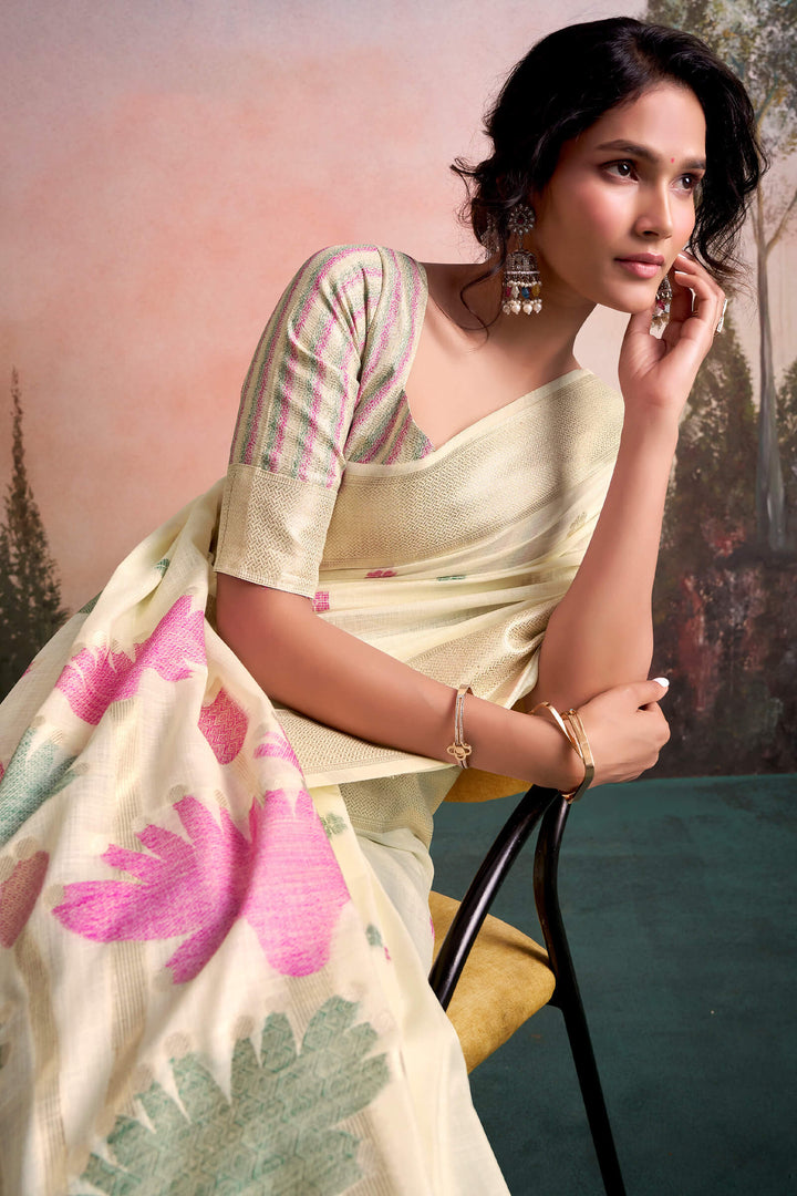 Tequila Beige Linen Silk Saree