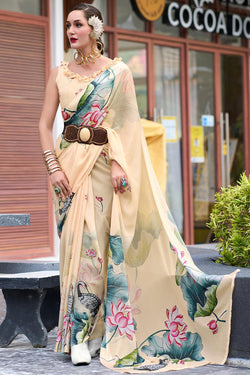 Tequila Beige Printed Georgette Silk Saree
