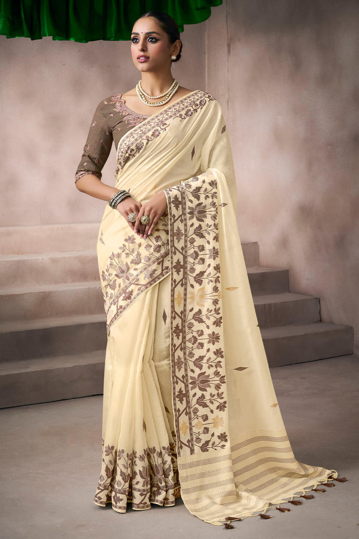 Tequila Beige Viscose Cotton Silk Saree with Embroidery Blouse