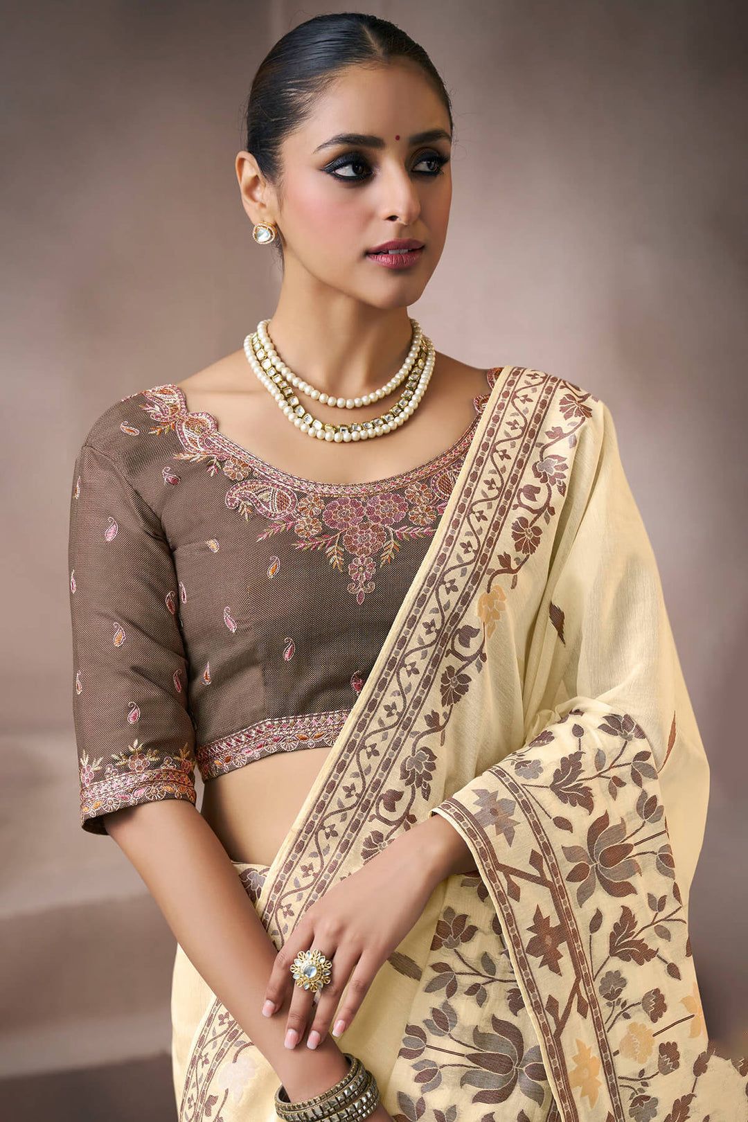 Tequila Beige Viscose Cotton Silk Saree with Embroidery Blouse