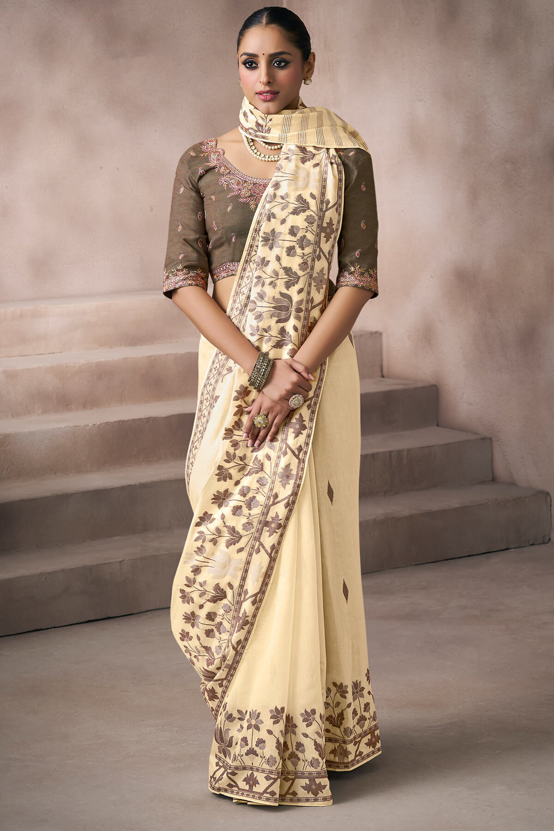 Tequila Beige Viscose Cotton Silk Saree with Embroidery Blouse