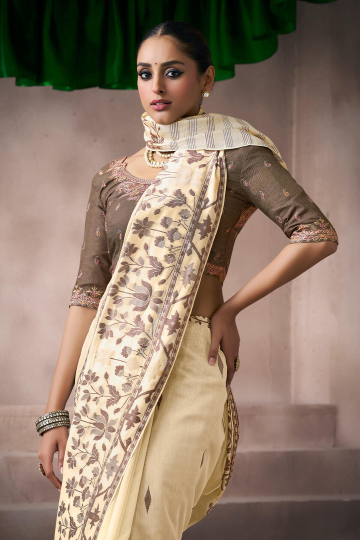 Tequila Beige Viscose Cotton Silk Saree with Embroidery Blouse