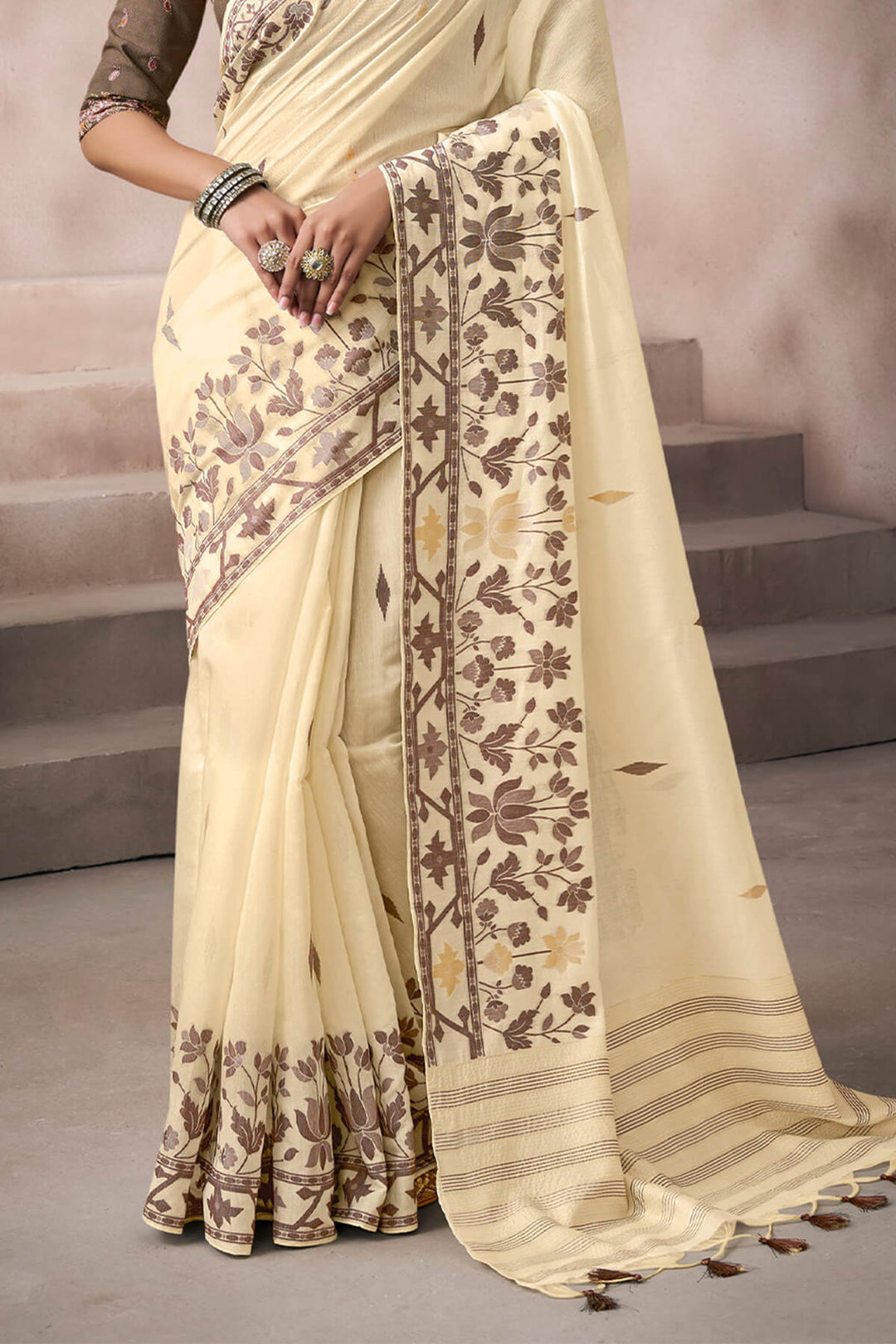 Tequila Beige Viscose Cotton Silk Saree with Embroidery Blouse